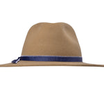 Merino wool felt hat in camel, side/back view with blue band and stitched edge