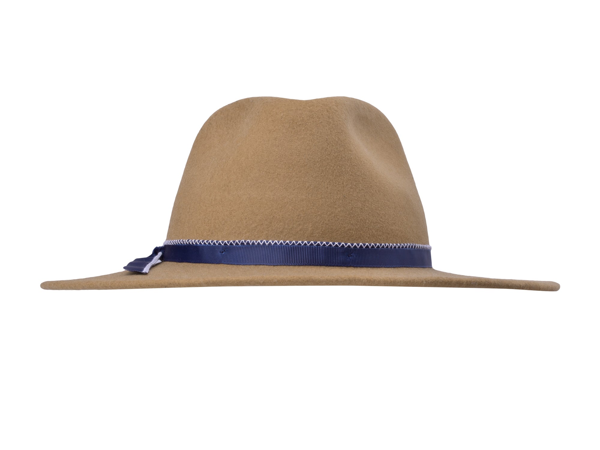Merino wool felt hat in camel, side/back view with blue band and stitched edge