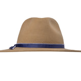 Merino wool felt hat in camel, side/back view with blue band and stitched edge
