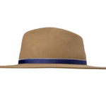 Merino wool felt hat in camel, close side view with blue band and bow