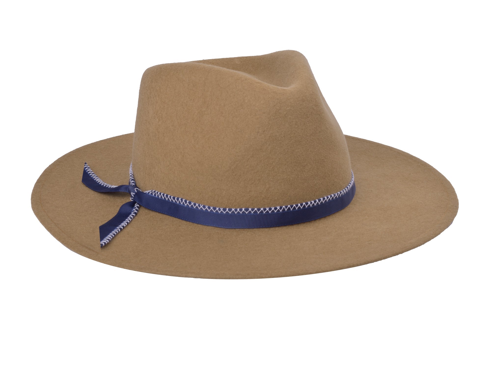 Merino wool felt hat in camel with blue band and bow detail