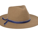 Merino wool felt hat in camel with blue band and bow detail
