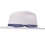 Merino wool felt hat in cream, side view with blue stitched band and bow