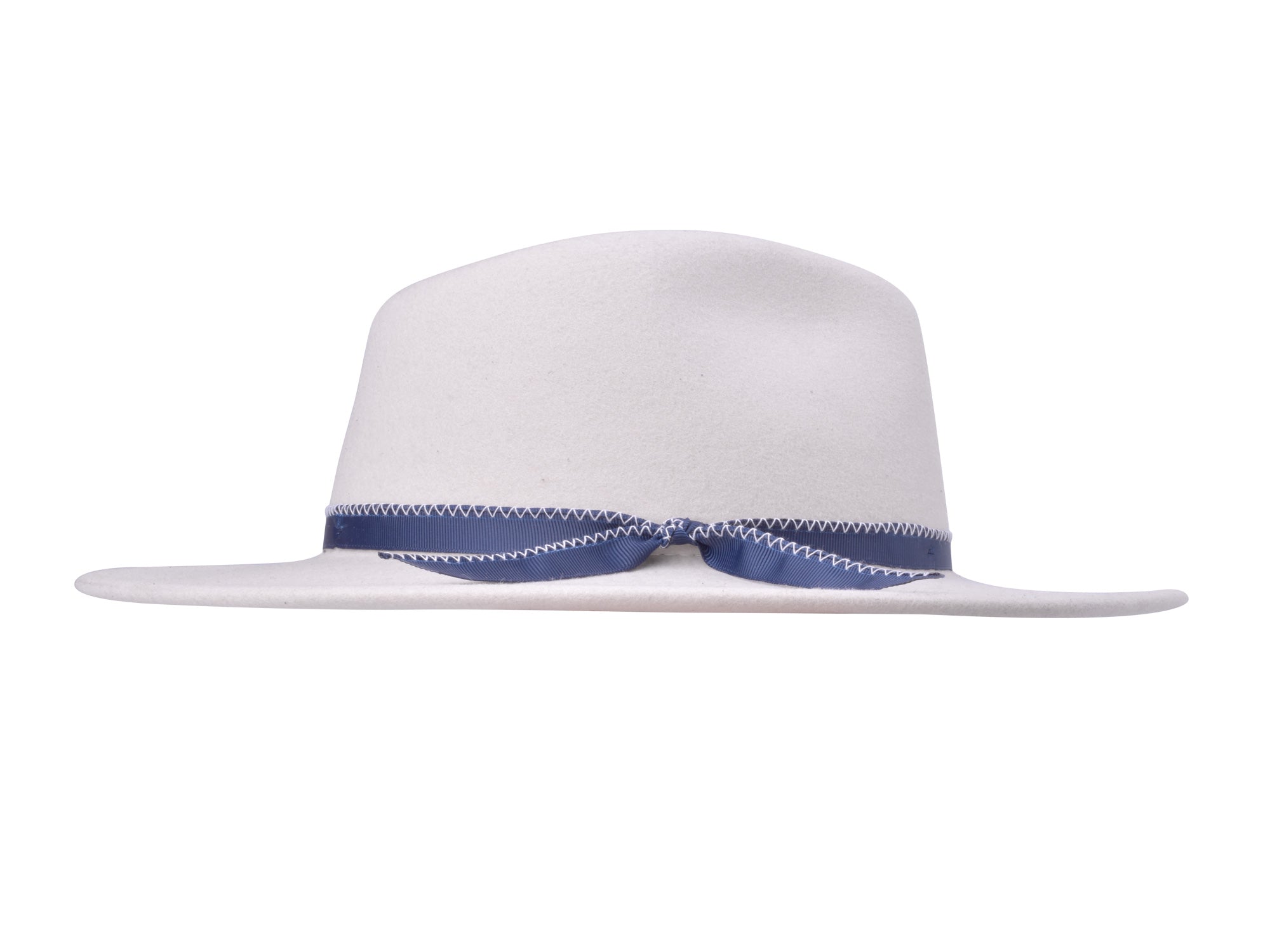 Merino wool felt hat in cream, side view with blue stitched band and bow