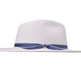 Merino wool felt hat in cream, side view with blue stitched band and bow