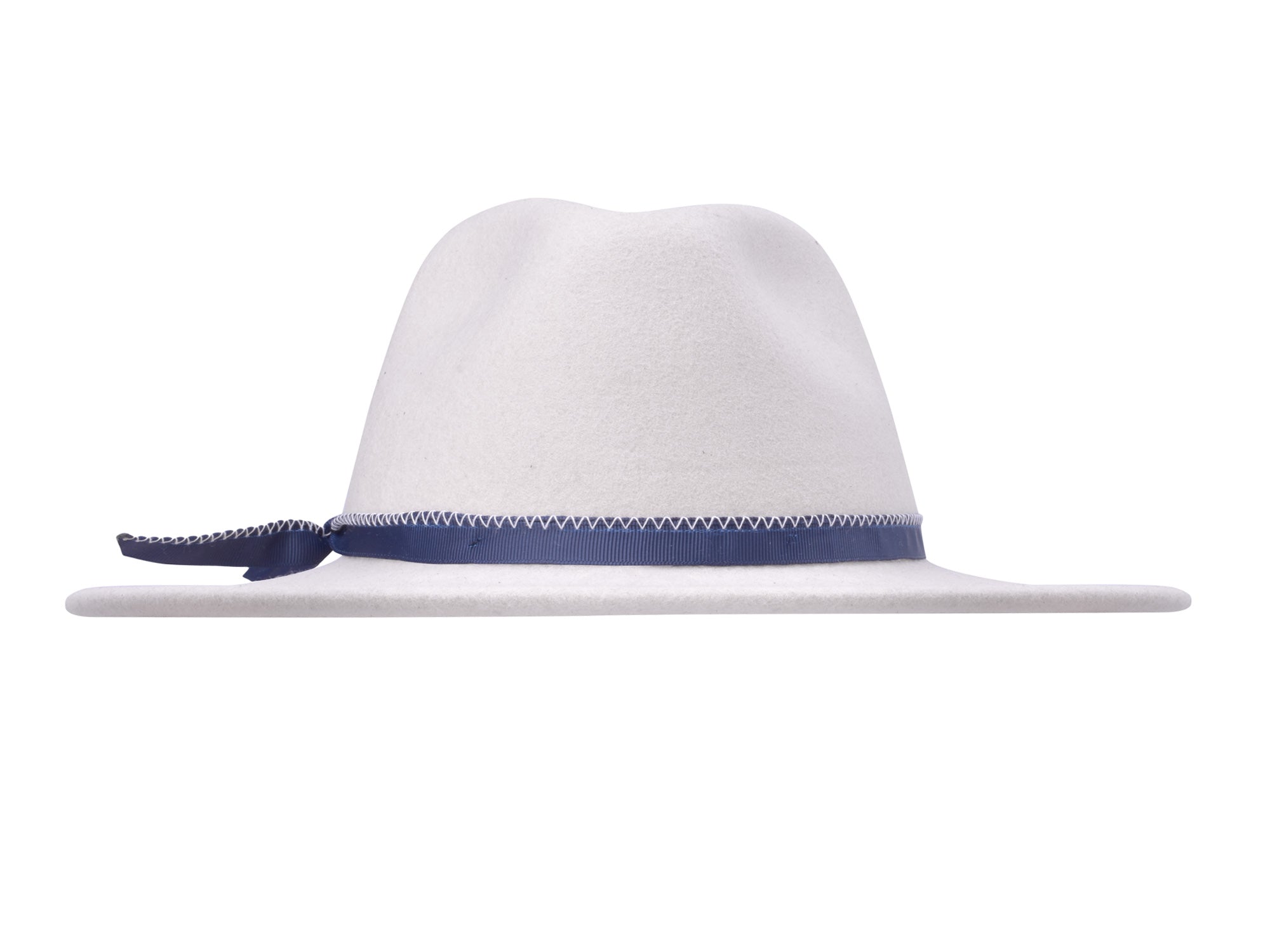 Merino wool felt hat in cream, angled view with blue band and bow
