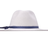 Merino wool felt hat in cream, angled view with blue band and bow