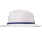 Merino wool felt hat in cream, top-front view with blue band and stitched edge