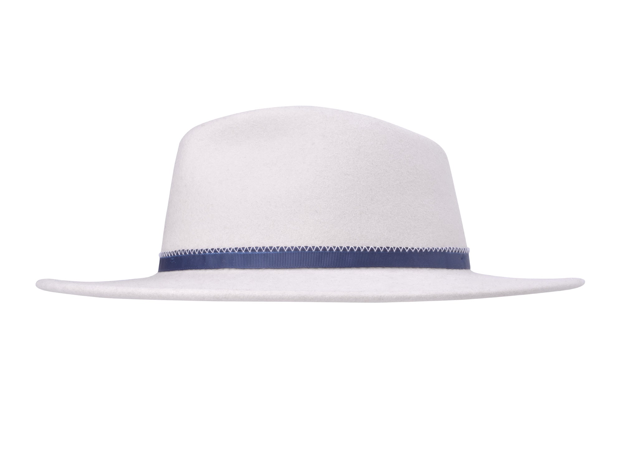 Merino wool felt hat in cream, top-front view with blue band and stitched edge