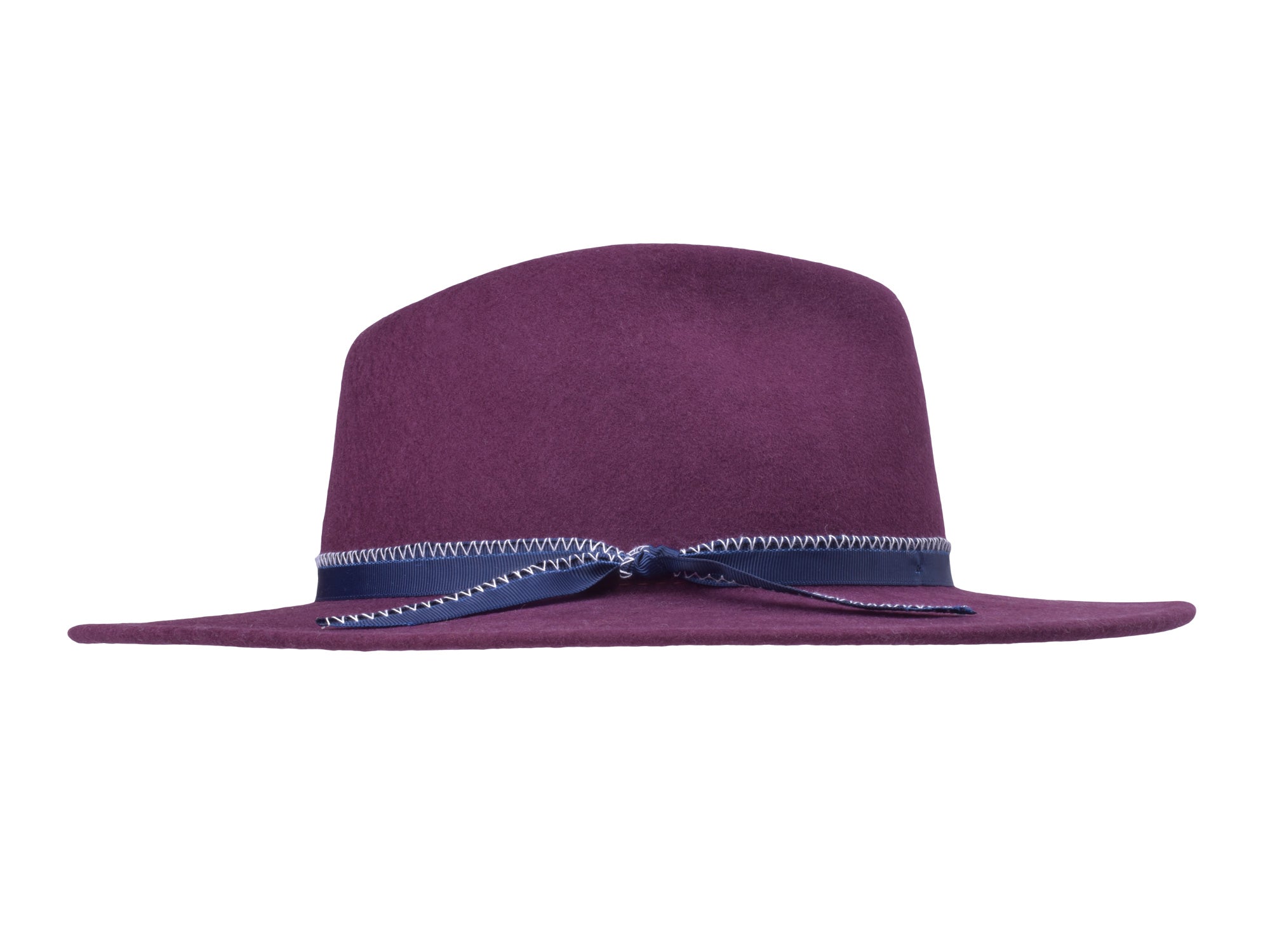 Merino wool felt hat in dark purple with ribbon band and wide flat brim
