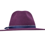 Dark purple merino wool felt hat with blue ribbon trim and wide flat brim