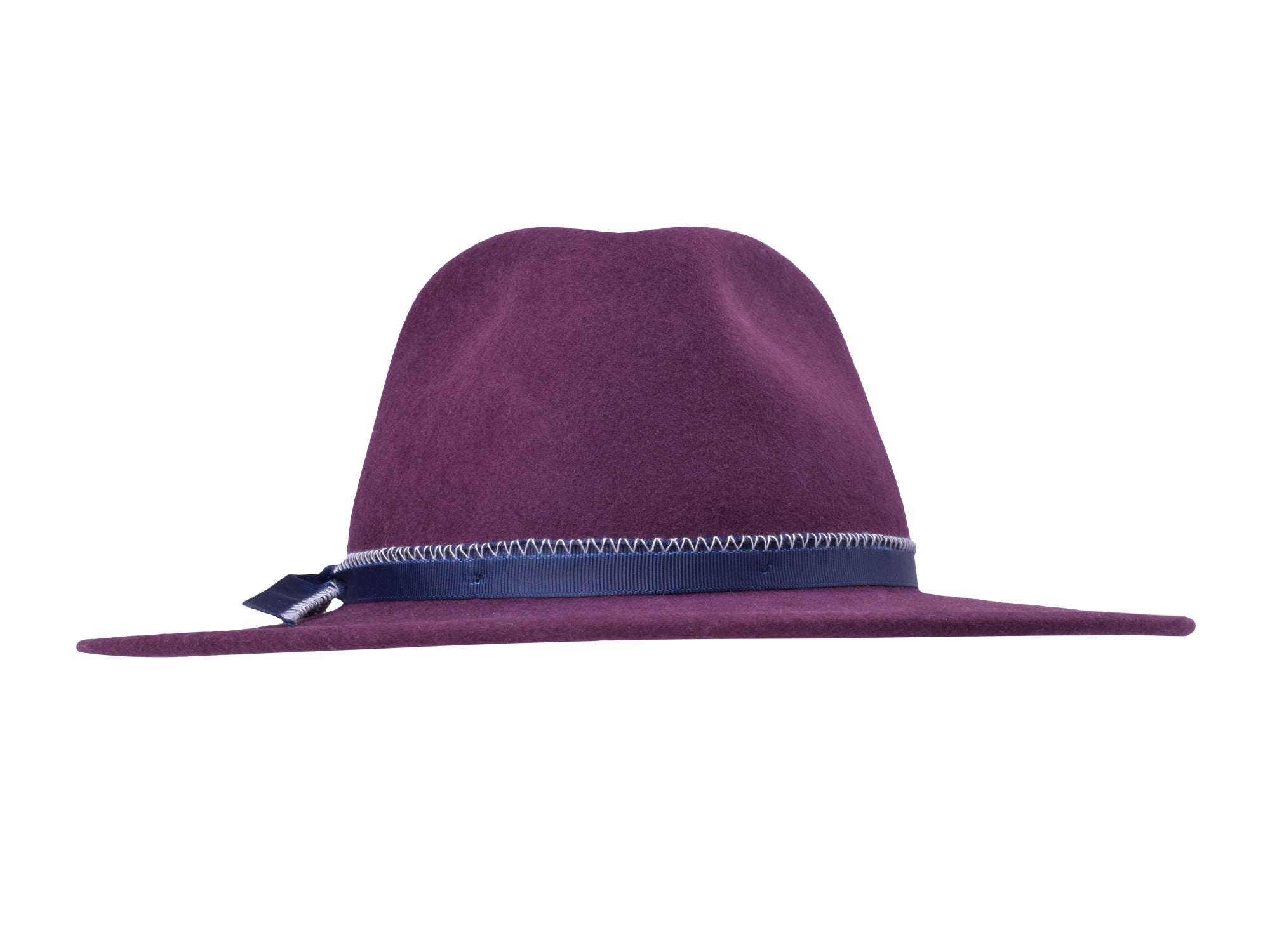 Dark purple merino wool felt hat with blue ribbon trim and wide flat brim