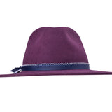 Dark purple merino wool felt hat with blue ribbon trim and wide flat brim