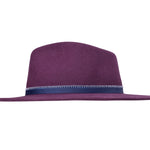 Dark purple merino wool felt hat with blue band and stitched edge, flat wide brim