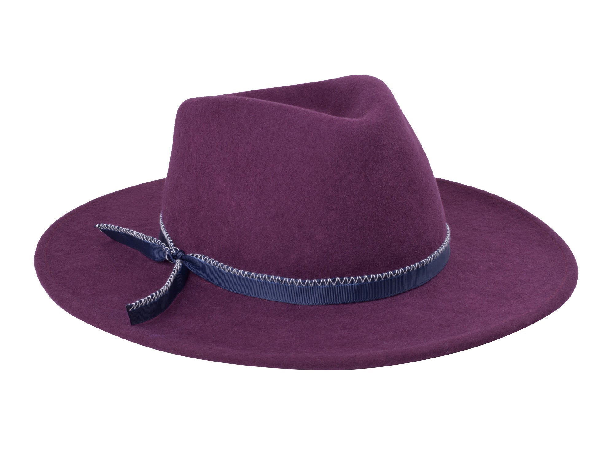 Merino wool felt hat in plum with blue band and bow detail