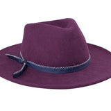 Merino wool felt hat in plum with blue band and bow detail