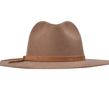 Mocha brown wool felt fedora with tan band and tied front