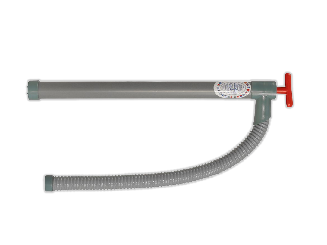 Bilge pump with suction hose and outlet tube, red trigger handle