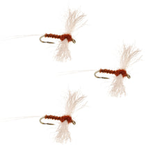 3-pack rust-brown spinner fishing flies, white wing fibers, hook size 12