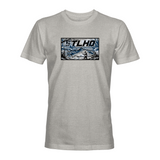 Men's gray T-shirt with rectangular STLHD graphic print on the front
