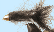 Conehead fly lure with dark black shaggy body and full black tail