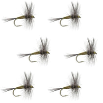 Set of olive and gray dry fly fishing flies with barbed hook, size 18 (6-pack)