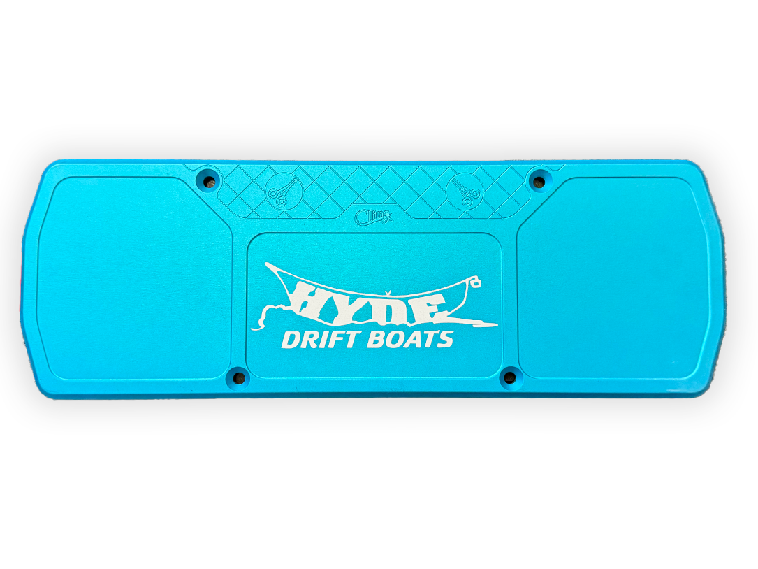 Blue boat bar with white “DRIFT BOATS” graphic
