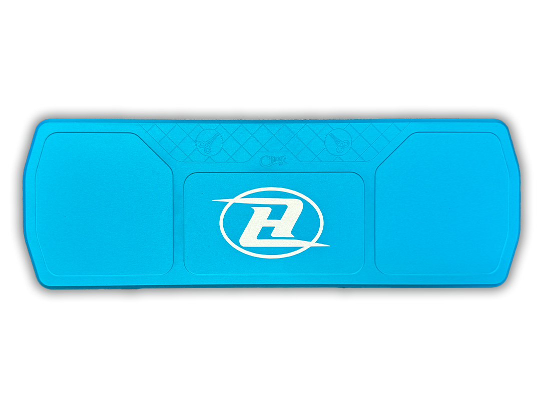 Boat bar in bright blue with circular H logo