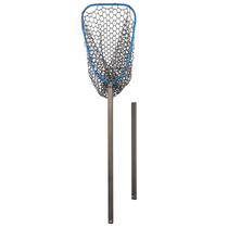 Boat net and handle set with blue-trim mesh net and wire hoop frame