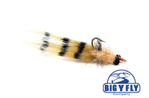 Tan and black striped fishing fly with orange head and dark hook, chenille body