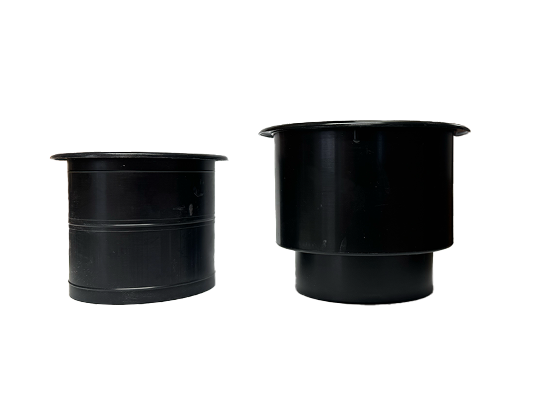 Black plastic cup holder replacement, dual-part design