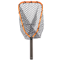 Brookie net with white hex-mesh pocket and orange rim, dark handle