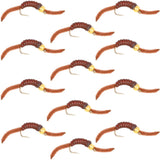 Barbless Tungsten San Juan Bead Head Power Worm Brown 12 Flies Size 12