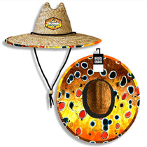 Woven straw sun hat with brown trout fish print panel and chin strap