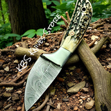 Buckaroo Knife for Rancher – 5.5" Damascus Steel Full Tang Blade with Antler Horn & Leather Sheath