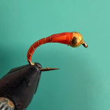 BeadHead chironomid fishing fly with burnt orange segmented body and gold bead head.