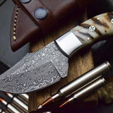 Custom Skinning Hunter’s Knife | Raindrops Damascus Steel Blade with Sheep Horn Handle | 7.2 Inches | Leather Sheath | KBS Knives