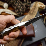 Custom Skinning Hunter’s Knife | Raindrops Damascus Steel Blade with Sheep Horn Handle | 7.2 Inches | Leather Sheath | KBS Knives