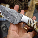 Custom Skinning Hunter’s Knife | Raindrops Damascus Steel Blade with Sheep Horn Handle | 7.2 Inches | Leather Sheath | KBS Knives