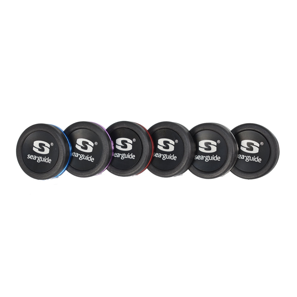 Set of black Seaguide butt caps with circular logos and blue accent rings