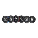 Set of black Seaguide butt caps with circular logos and blue accent rings