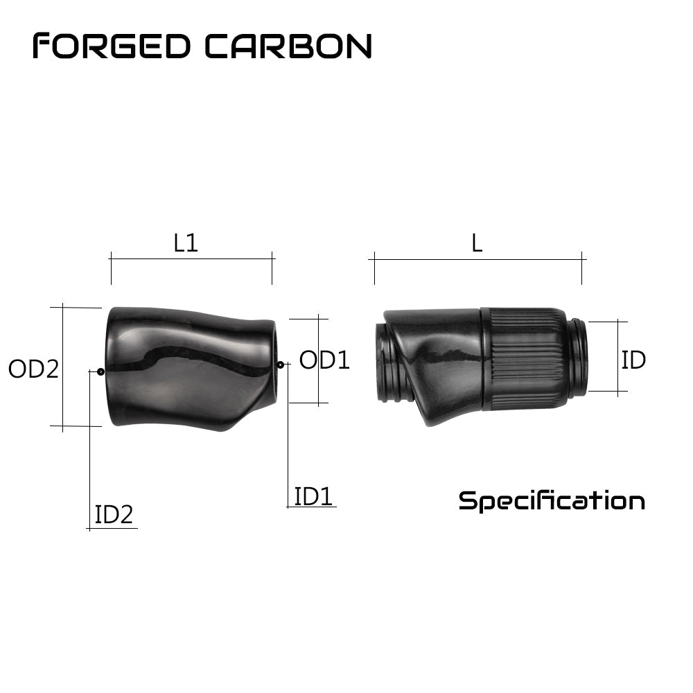 Carbon fiber spinning reel seat with size diagram showing OD and ID dimensions
