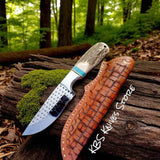 Cowboy belt knife with 4.25 inch rasp steel blade and antler handle with turquoise spacer for stockmen