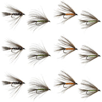 Assorted soft hackle grouse swing flies with green/orange bodies, size 10 hooks