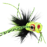 Flat Face Mini Panfish Popper, Size 6 | Green and Yellow Spider Legs | Qty. 4 | Wild Water Fly Fishing
