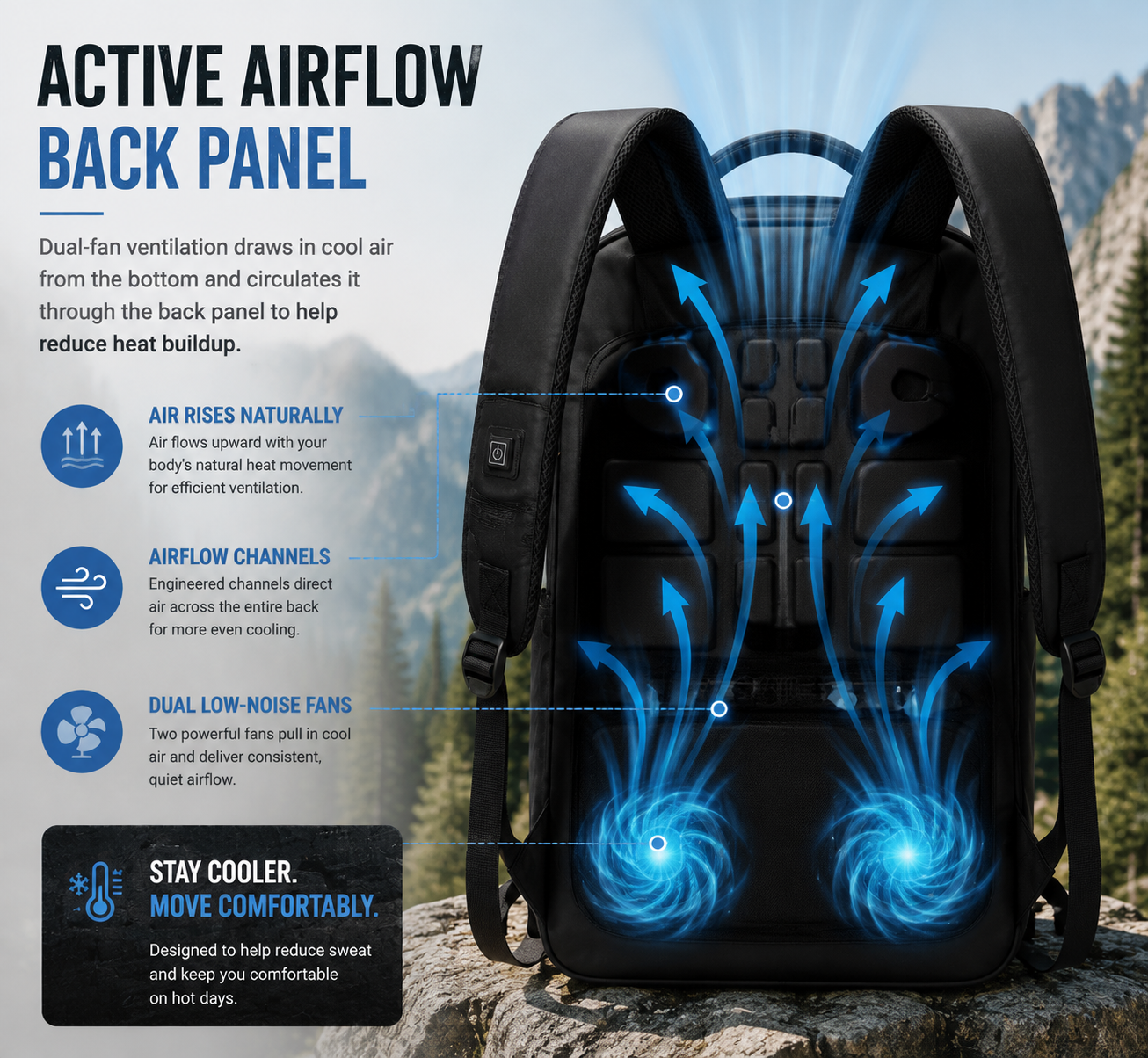 Black backpack front panel with ventilated channels and cooling airflow graphic