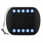 Black cooling seat cushion with mesh panel, 8 fan icons, USB power cable