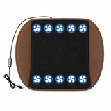 Brown cooling seat cushion with mesh panel, 8 fan icons, USB power cable