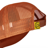 Orange mesh back trucker hat with side snap strap and circular logo patch