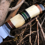 Custom Handmade D2 Steel Bowie Knife – 14-Inch Blade with Bone & Colored Wood Handle, Damascus Guard & Leather Sheath | Perfect for Hunting – KBS Knives